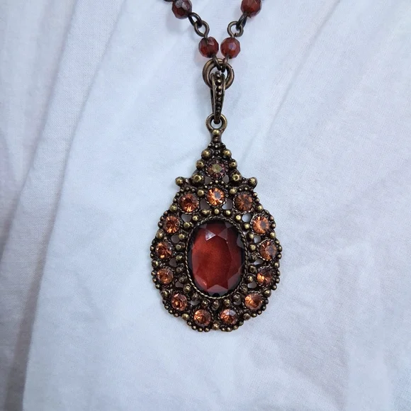 Vintage Avon Victorian Revival Necklace Honey Amber Toned Stone Teardrop Beaded - Picture 14 of 17